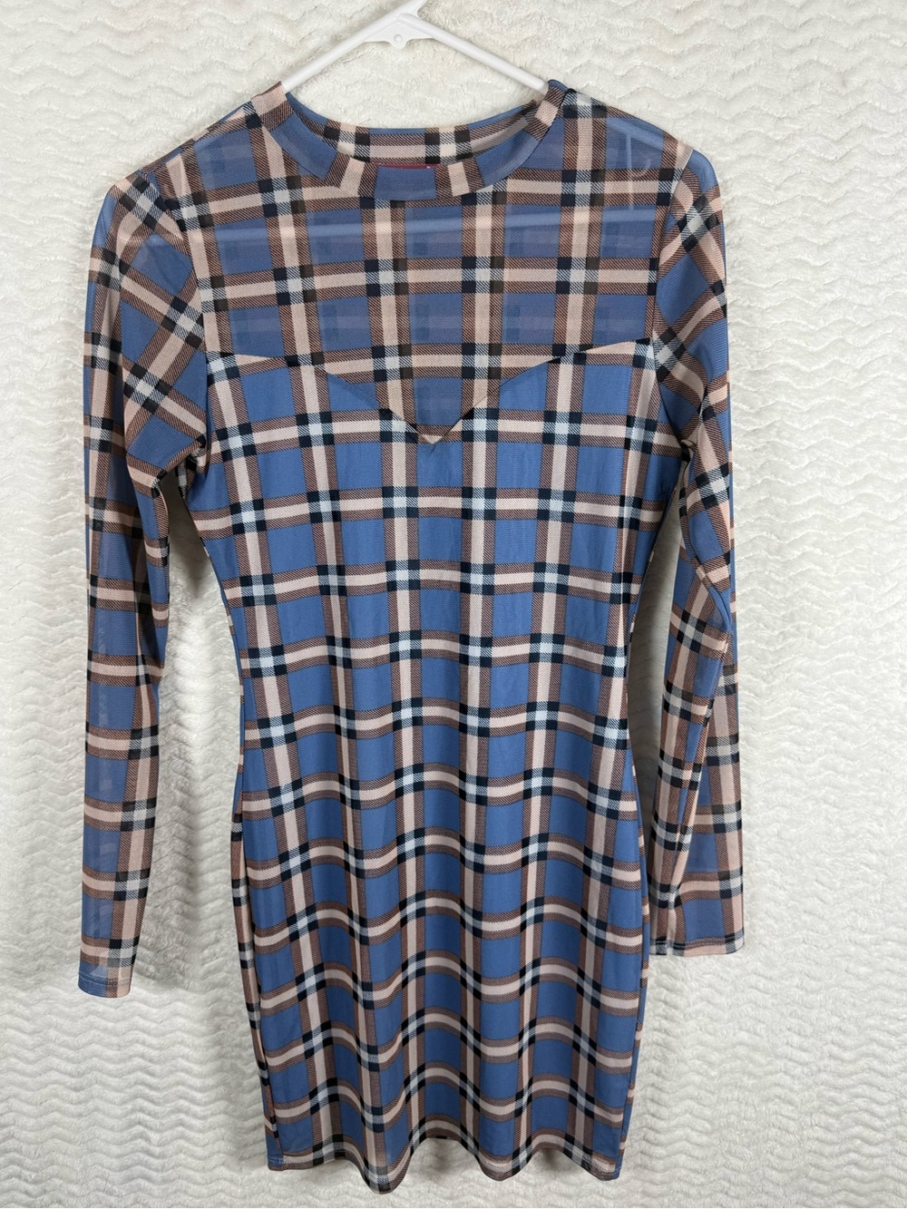 Mistyrose sheer neck and arms Plaid Long-Sleeve Dress